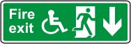 Fire exit (running man, wheelchair symbol, arrow ldown